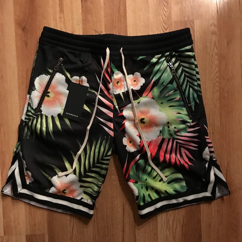StoneVale Post Game Black Hibiscus Pattern Shorts